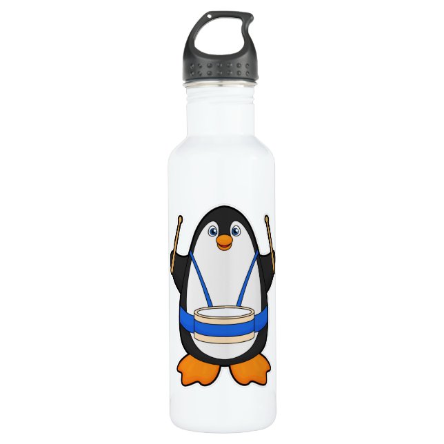 Botella De Agua Pingüino como músico con tambor (Anverso)
