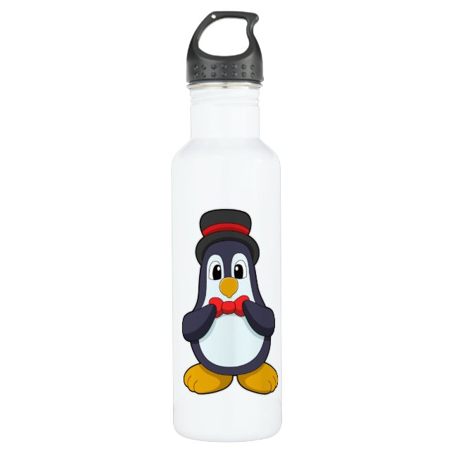 Botella De Agua Pingüino como novio con cinta y sombrero (Anverso)