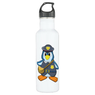 Botella De Agua Pingüino como policía con bolso de mano