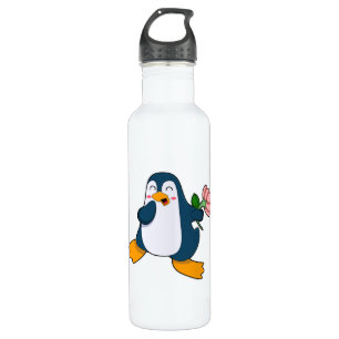 Botella De Agua Pingüino con flor rosa