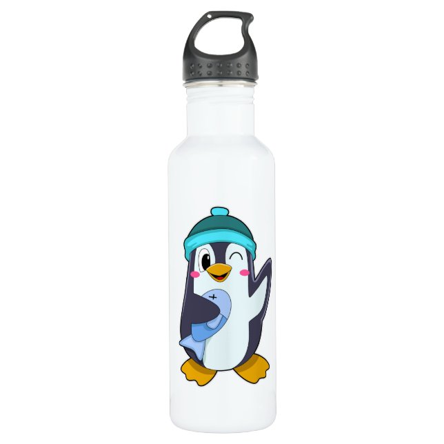Botella De Agua Pingüino con pescado y Gorra (Anverso)