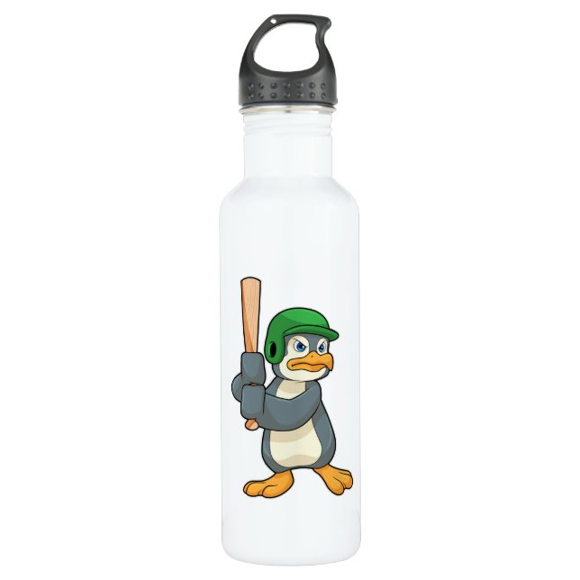 Botella De Agua Pingüino en béisbol con bate de béisbol y casco (Anverso)