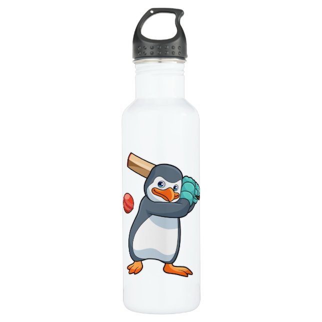Botella De Agua Pingüino en el críquet con bate de críquet (Anverso)