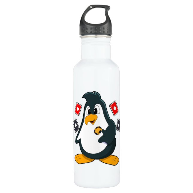 Botella De Agua Pingüino en Poker con tarjetas de póker (Anverso)