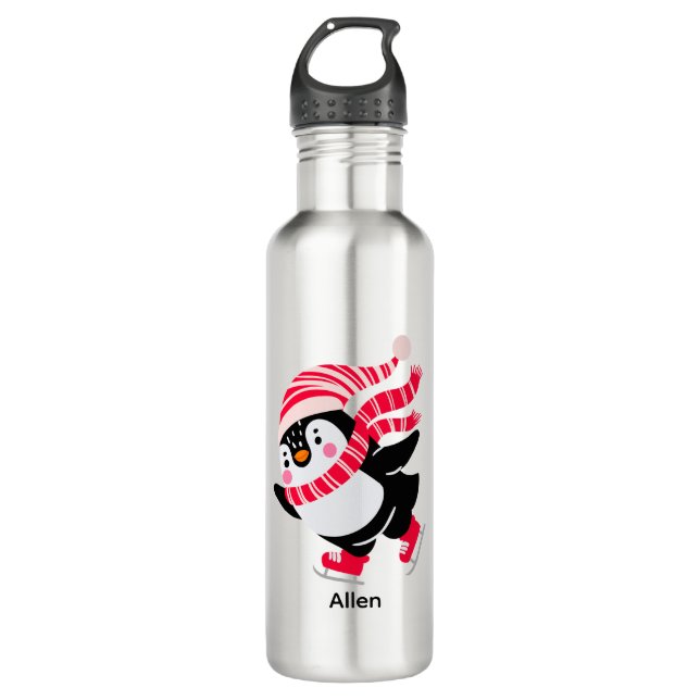 Botella De Agua Pingüino navidad en Gorra y bufanda en patines (Anverso)