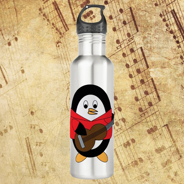 Botella De Agua Pingüino Tocando Guitarra (A cute penguin plays the guitar on this adorable water bottle)
