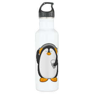 Botella De Agua Pingüino y teléfono móvil con auriculares