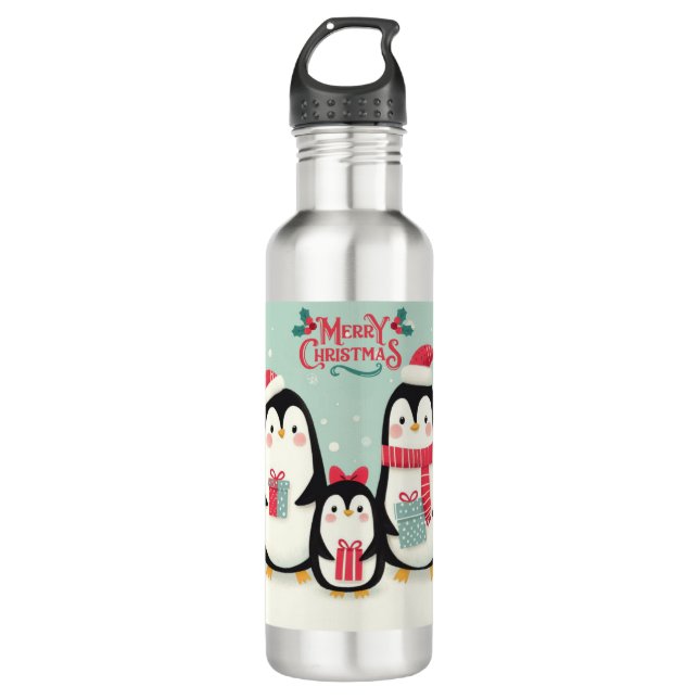 Botella De Agua Pingüinos nevados de Feliz Navidad (Anverso)
