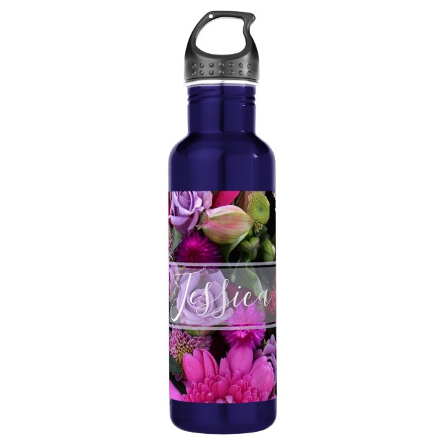 Botella De Agua Pink and Violet Flowers Personalised (Anverso)