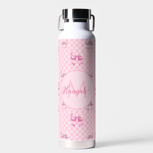 Botella De Agua Pink Coquette Bow Checkerboard (Delantero)