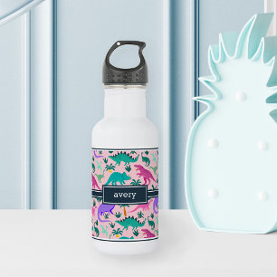 Botella De Agua Pink Cute Colorful Dinosaur Pattern Kids Name
