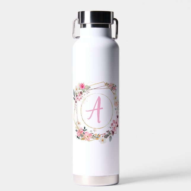 Botella De Agua Pink Floral Gold Geometric  (Delantero)