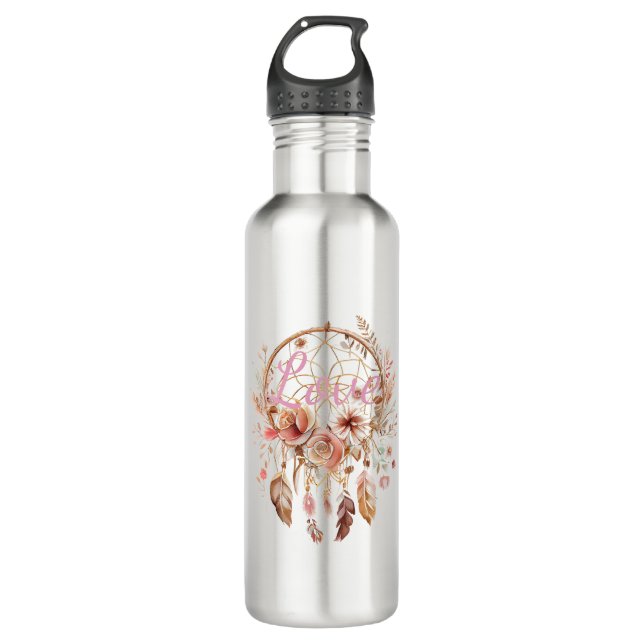Botella De Agua Pink Love Boho Floral Feathers Dream Catcher (Anverso)