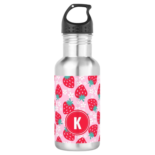 Botella De Agua Pink Red Strawberries Floral  Pattern Monogram (Anverso)