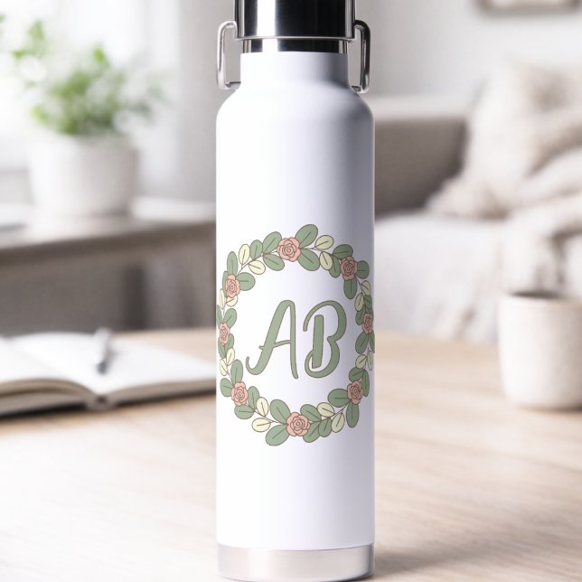 Botella De Agua Pink Rose Wreath Monogram Water Bottle (Plain yet pretty with custom initials will go well with the elegantly feminine woman out there.)