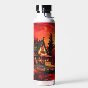 Botella De Agua Pintura de atardecer con cabaña y lago-66633