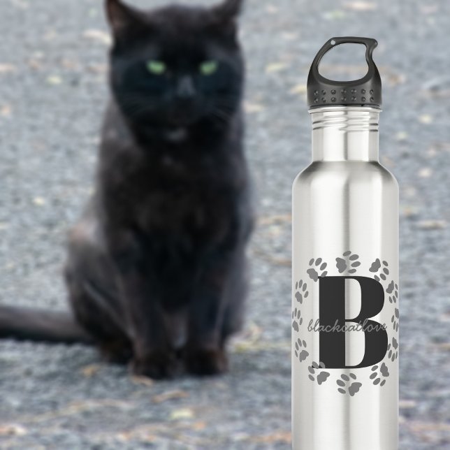 Botella De Agua Pintura De Gato Imprime Frasco De Agua Monograma (Add your initial and name to this pet paw print water bottle)