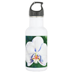 Botella De Agua Pintura de orquídea de acuarela blanca