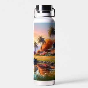 Botella De Agua Pintura de puesta de sol en la naturaleza con lago