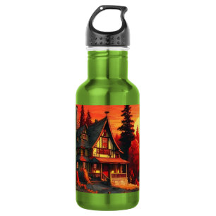 Botella De Agua Pintura del atardecer con cabaña y lago-66633