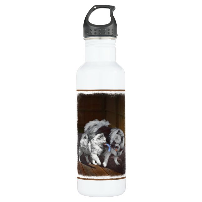 Botella De Agua Pintura Keeshond Playtime - Arte Perro Original. (Anverso)
