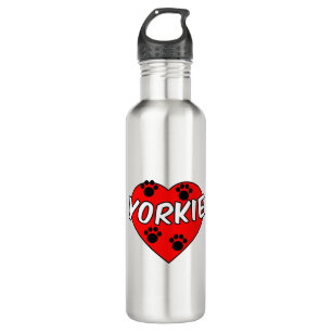 Botella De Agua Pinturas De Pata De Perro Yorkie Y Corazón Rojo