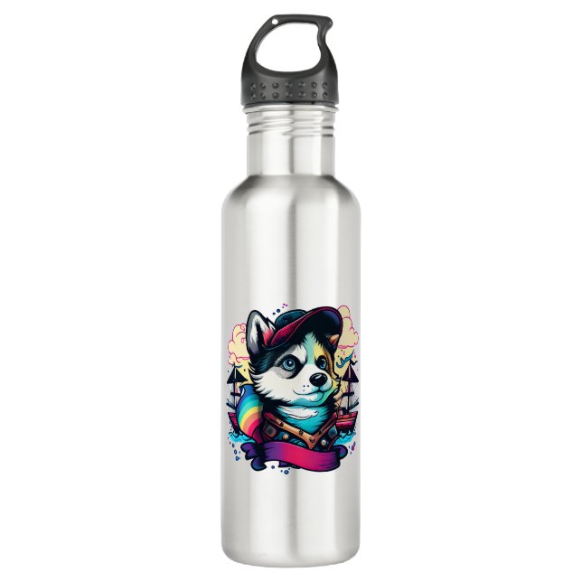 Botella De Agua Pirata de perro Husky (Anverso)