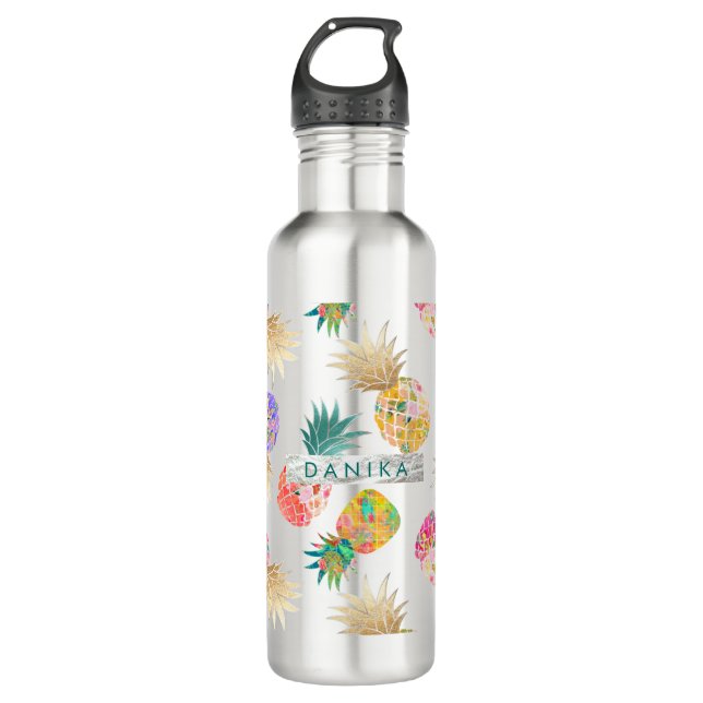 Botella De Agua PixDezines Aloha Pineapple+acuarela floral (Anverso)