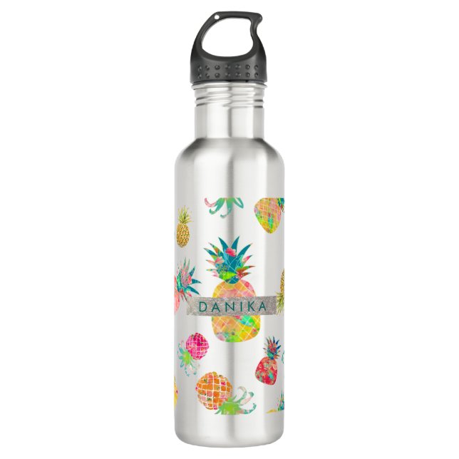 Botella De Agua PixDezines Aloha Pineapple+acuarela floral (Anverso)