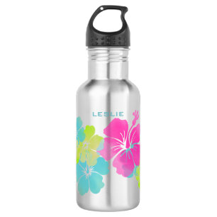 Botella De Agua PixDezines retro hibiscus/acuarela digital