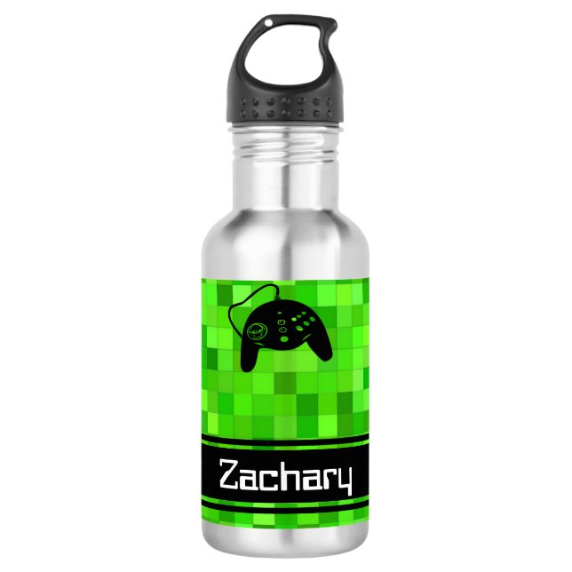 Botella De Agua Píxeles de juego verde | Personalizado (Anverso)