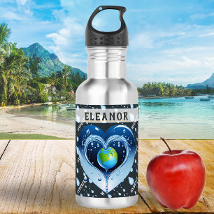 Botella De Agua Planeta Tierra Hidratación Verde Azul Corazón