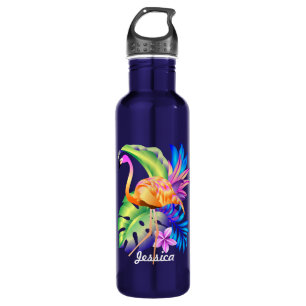Botella De Agua Plantas tropicales y flamencos personalizados