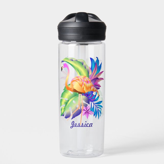 Botella De Agua Plantas tropicales y flamencos personalizados (Delante)