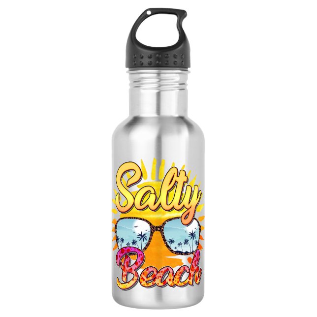 Botella De Agua Playa Salty | Sol tropical y árbol de palmas (Anverso)