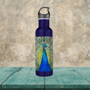 Botella De Agua Pluma de plumas de pavo real azul