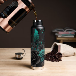 Botella De Agua Plumas negras y azul verdoso y flores