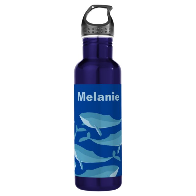 Botella De Agua Pod de ballenas nadando azul oscuro personalizado (Anverso)
