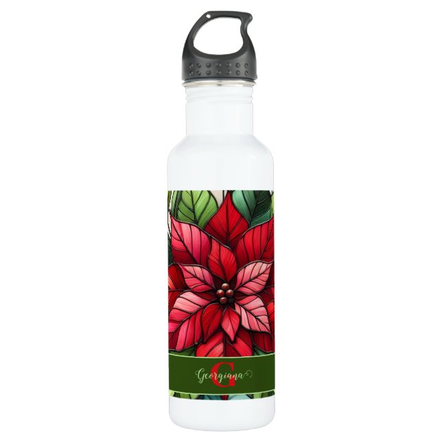 Botella De Agua Poinsettia de vidrio templado personalizado (Anverso)