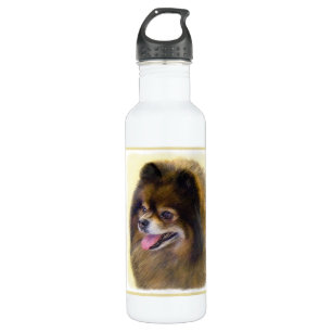 Botella De Agua Pomerania Negra y Tan Pintura Original de Perro