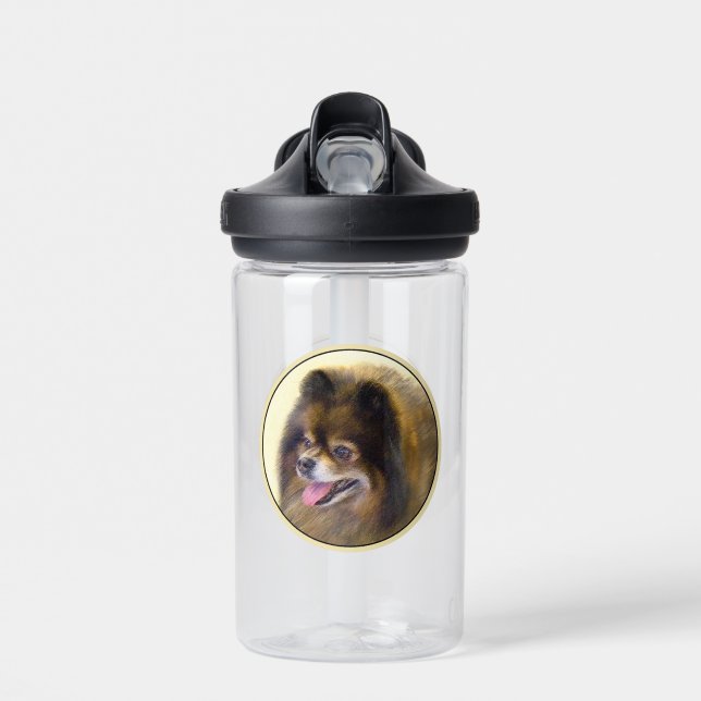 Botella De Agua Pomerania Negra y Tan Pintura Original de Perro (Delante)