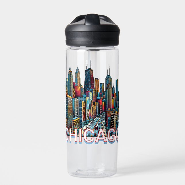 Botella De Agua Pop art Comic Book Chicago Skyline Personalizado (Delante)