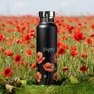 Botella De Agua Poppies Rojos Nombre Termal Floral