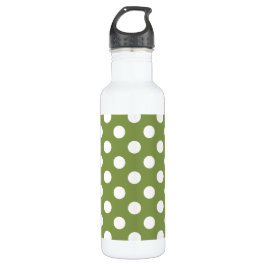 Botella De Agua Pos de polka blanco sobre el verde oliva