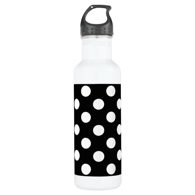 Botella De Agua Pos de polka blanco sobre negro (Anverso)