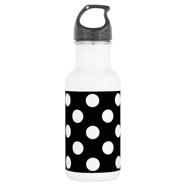 Botella De Agua Pos de polka blanco sobre negro (Anverso)