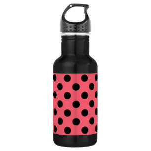 Botella De Agua Pos de polka negro sobre el coral