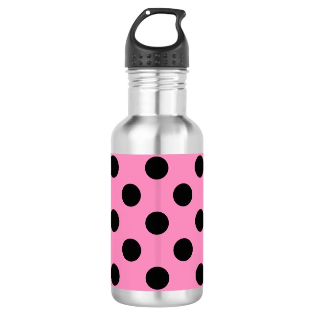 Botella De Agua Pos de polka negro sobre rosa (Anverso)