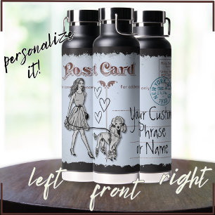 Botella De Agua Postal roja gris vintage mujer y amor por el canic