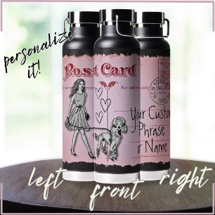 Botella De Agua Postal rosa vintage mujer y amor por el caniche